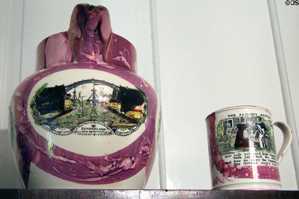 Lusterware jugs with image of Iron Bridge at Sunderland & mug with the story "The Sailor's Return" at Home Sweet Home Museum. East Hampton, NY.