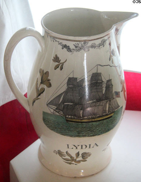 Transfer printed creamware pitcher with gilt decorations (c1802) depicting clipper ship Lydia on maiden voyage to England at Home Sweet Home Museum. East Hampton, NY.