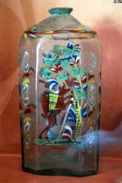 Decoratively painted glass bottle with fox at Thomas Halsey Homestead. South Hampton, NY.