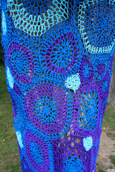 Detail of crocheted tree cover at Long Island Museum. Stony Brook, NY.