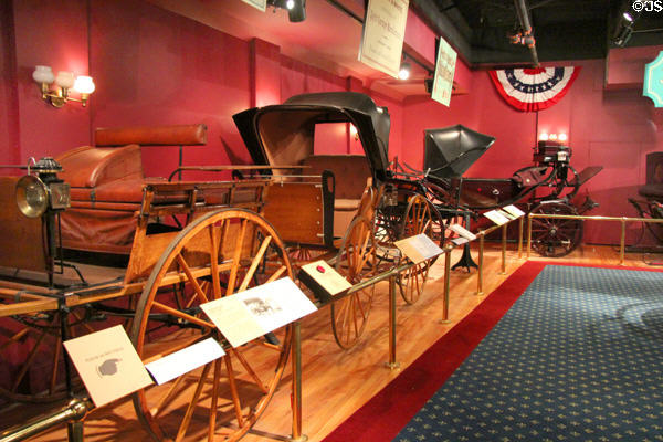 Array of horse-drawn buggies at carriage collection of Long Island Museum. Stony Brook, NY.