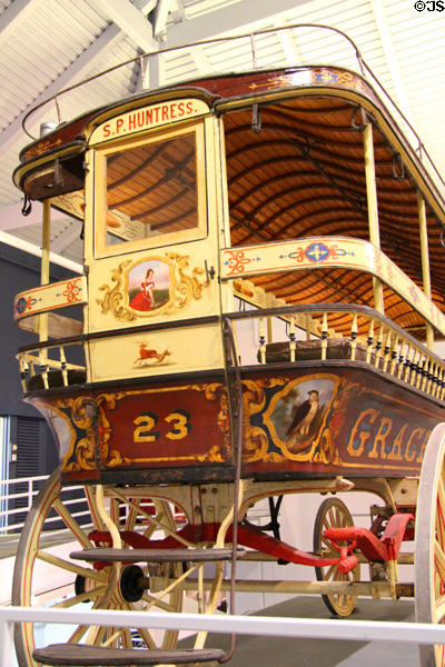 Details of painted decorations of Grace Darling omnibus (1880) pulled by from Maine at carriage collection of Long Island Museum. Stony Brook, NY.