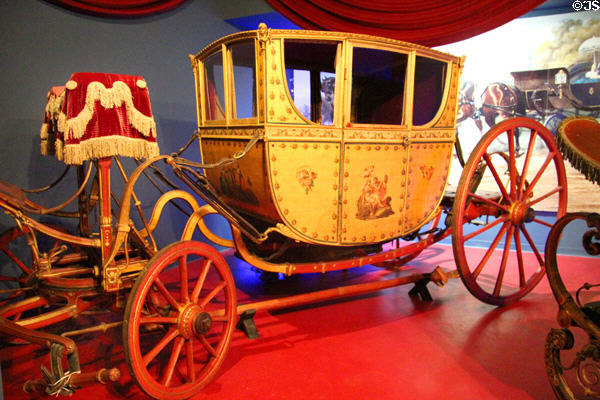 Berlin coach (c1776-85) from Prussia was one of first vehicles to hang body from leaf springs at carriage collection of Long Island Museum. Stony Brook, NY.