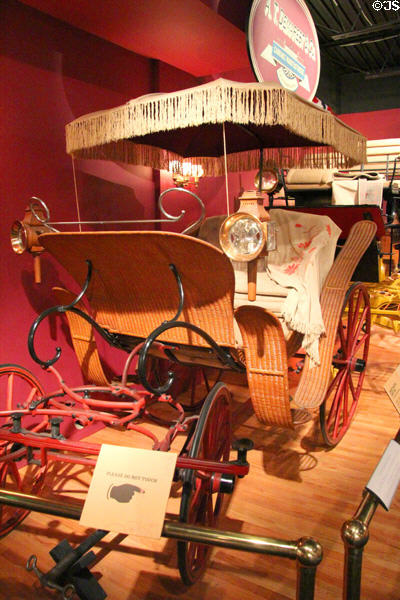 Phaeton with wicker basket body (c1895) by A.T. Demarest & Co. of New York City (Phaetons were a fashion choice of women drivers) at carriage collection of Long Island Museum. Stony Brook, NY.