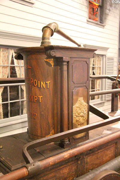 Detail of Gooseneck pumper (1807) which housed pump mechanism for steaming water on fires at carriage collection of Long Island Museum. Stony Brook, NY.