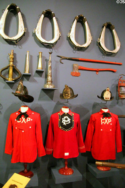 Firefighting collection at carriage collection of Long Island Museum. Stony Brook, NY.