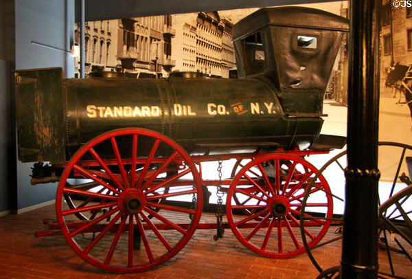 Standard Oil wagon (1900) used to carry kerosene or lubricating oil at carriage collection of Long Island Museum. Stony Brook, NY.