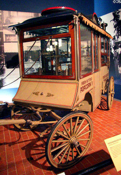 Popcorn wagon (1907) by C. Cretors & Co. of Chicago, IL like model first used at Chicago World's Fair at carriage collection of Long Island Museum. Stony Brook, NY.