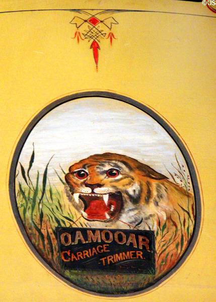 Advertising tiger sign on sleigh (c1830) from Maine at carriage collection of Long Island Museum. Stony Brook, NY.
