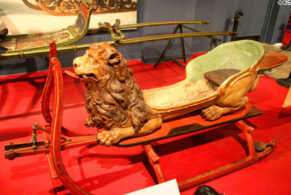 Lion sleigh (c1780) prob. from Bavaria used for festive events at carriage collection of Long Island Museum. Stony Brook, NY.