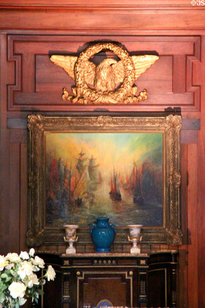 Eagle carving by Gutzon Borglum over "Porcelain Towers" painting by P. Marcius-Simons in North Room at Roosevelt's House Sagamore Hill NHS. Cove Neck, NY.