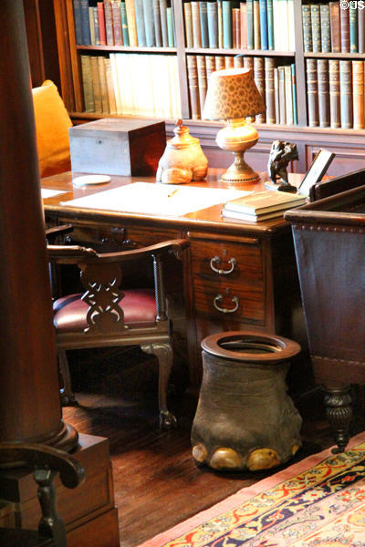 Desk in North Room with elephant foot waste basket & rhino foot inkwell at Roosevelt's House Sagamore Hill NHS. Cove Neck, NY.