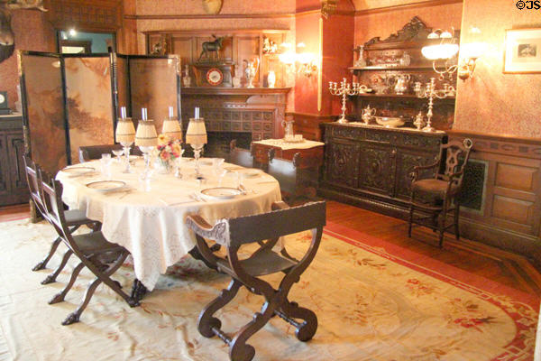 Dining room with table & chairs purchased by Theodore & Edith Roosevelt in Italy at Roosevelt's House Sagamore Hill NHS. Cove Neck, NY.