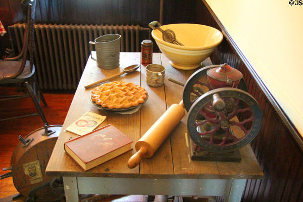 Work table with coffee grinder & pie making tools in kitchen at Roosevelt's Sagamore Hill NHS. Cove Neck, NY.