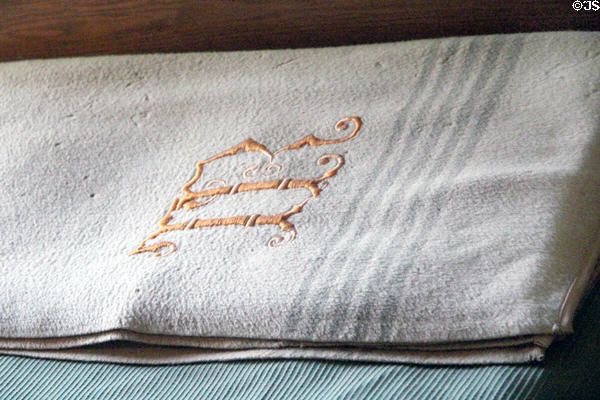 Blanket with TR initials in boy's bedroom at Roosevelt's House Sagamore Hill NHS. Cove Neck, NY.