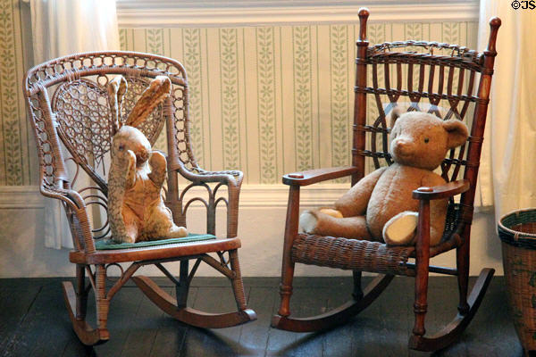 Stuffed animals on child rocking chairs in Edith's south bedroom at Roosevelt's House Sagamore Hill NHS. Cove Neck, NY.