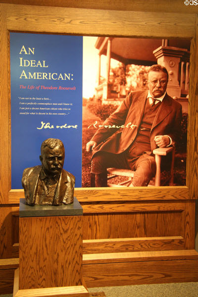Entrance hall with images of Theodore Roosevelt at Old Orchard Museum at Sagamore Hill NHS. Cove Neck, NY.