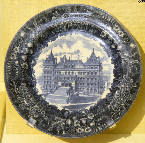 Wedgwood American View commemorative plate (c1895-1910) with New York State Capitol building which Governor Theodore Roosevelt declared done & stopped construction at Old Orchard Museum at Sagamore Hill NHS. Cove Neck, NY.