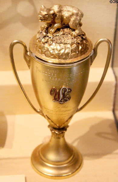Gold cup topped by bear presented to President Roosevelt by Union League Club of California (1903) at Old Orchard Museum at Sagamore Hill NHS. Cove Neck, NY.