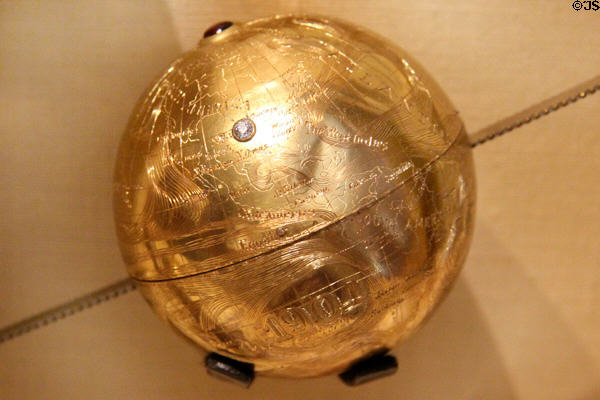 Gold mechanical globe with diamond on St. Louis, MO presented to President Roosevelt at Louisiana Purchase Exposition (1904) at Old Orchard Museum at Sagamore Hill NHS. Cove Neck, NY.