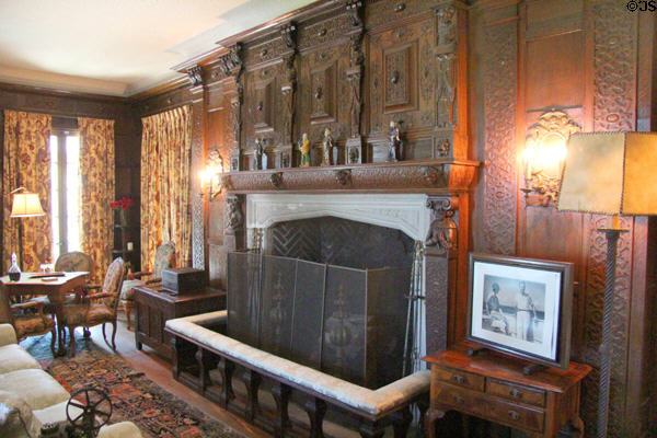 Organ room with carved fireplace at Vanderbilt Mansion. Centerport, NY.