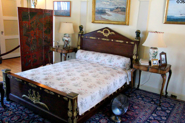 Napoleon's bed replica with portrait busts of Josephine on headboard in Mr. Vanderbilt's bedroom at Vanderbilt Mansion. Centerport, NY.