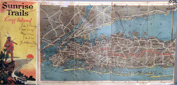Long Island map with Long Island Motor Parkway (marked in red) a road built by Vanderbilt to speed him to his mansion at Vanderbilt Mansion. Centerport, NY.