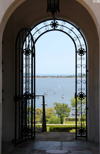 Harbor view from wrought iron line doorway at Vanderbilt Mansion. Centerport, NY.