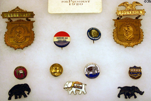 Harding presidential campaign buttons including those in shape of Republican elephants at Heritage Hall museum. Marion, OH.