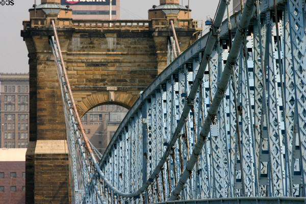 Roebling Suspension Bridge (1856-67) 1,057 ft span was longest in world when opened. Roeblings went on to build Brooklyn bridge. Cincinnati, OH. Architect: John A. Roebling & Washington Roebling. On National Register.