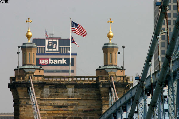 Roebling Suspension Bridge spires. Cincinnati, OH.