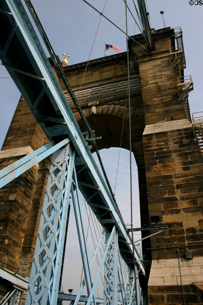 Roebling Suspension Bridge stone arch & girders. Cincinnati, OH.