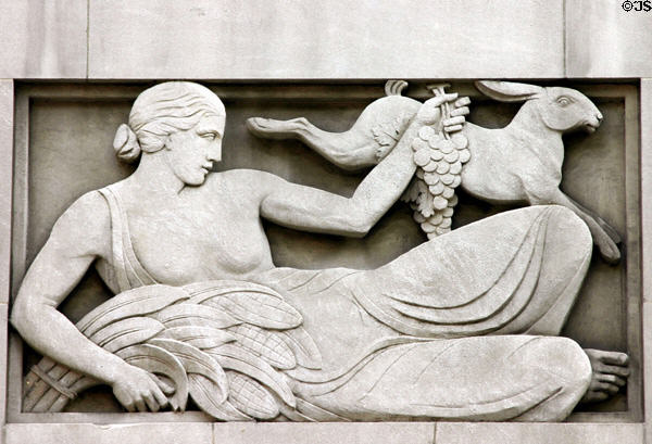 Cincinnati Bell Telephone Building relief of Ceres with wheat, grapes & rabbit. Cincinnati, OH.