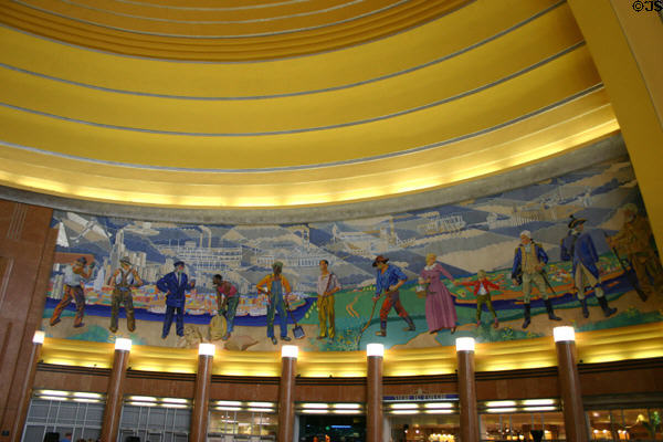 Cincinnati Union Terminal mosaic mural of settlement by river by Winold Reiss showing riverboats in background. Cincinnati, OH.
