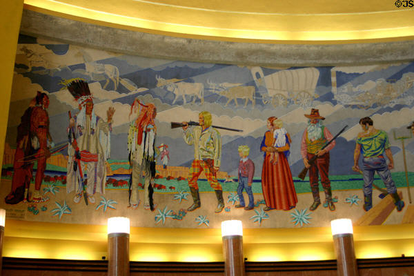 Cincinnati Union Terminal mosaic mural of settlement by land routes by Winold Reiss against wagons & railroads. Cincinnati, OH.