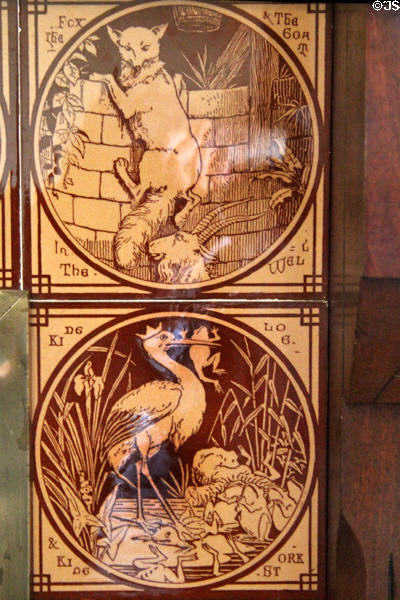 Aesop's Fables: The Fox & the Goat in the Well & The King Log and King Stork depicted on Minton art tiles (c1875) at Taft House NHS. Cincinnati, OH.