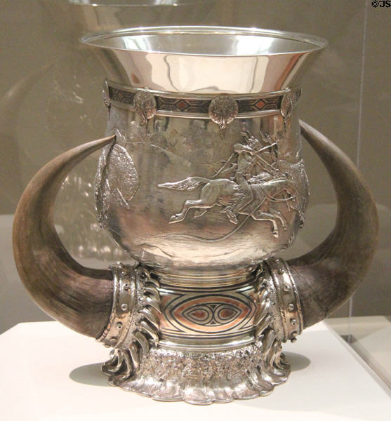 Silver loving cup (1897) by Paulding Farnham of Tiffany & Co. after Buffalo Hunt painting by George Catlin at Cincinnati Art Museum. Cincinnati, OH.