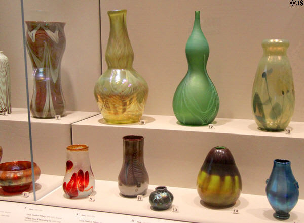 Collection of glass vases (1892-1902) by Louis Comfort Tiffany of Tiffany Glass & Decorating Co. at Cincinnati Art Museum. Cincinnati, OH.