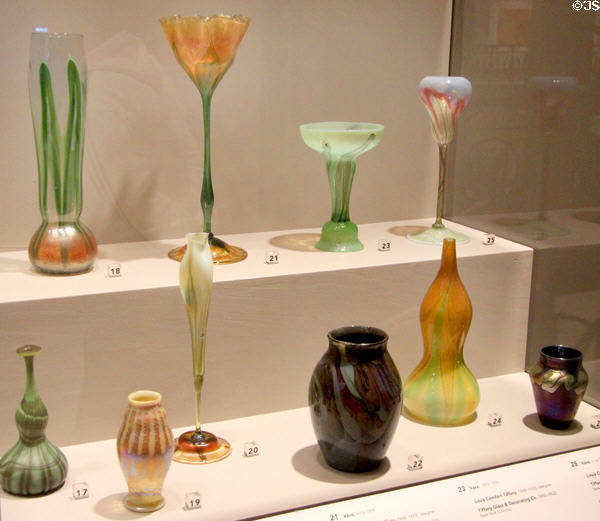 Collection of glass vases (1892-1902) by Louis Comfort Tiffany of Tiffany Glass & Decorating Co. at Cincinnati Art Museum. Cincinnati, OH.
