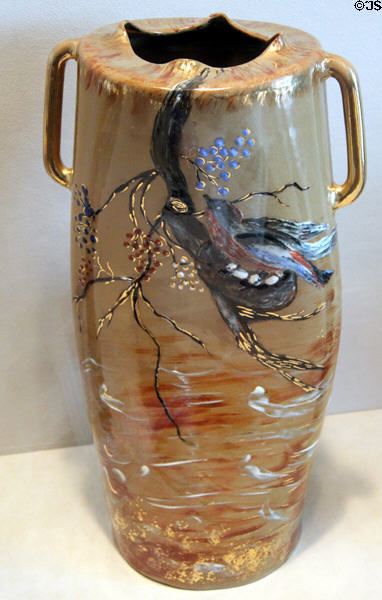 Earthenware crushed vase with bird (1882) by unknown of Rookwood Pottery Co. of Cincinnati at Cincinnati Art Museum. Cincinnati, OH.
