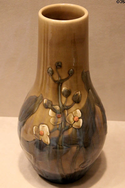 Earthenware vase with budding branch (1901) by Matthew Andrew Daly of Rookwood Pottery Co. of Cincinnati at Cincinnati Art Museum. Cincinnati, OH.