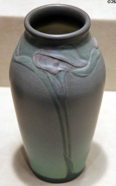 Earthenware blue vase with lily (1909) by Lorinda Epply of Rookwood Pottery Co. of Cincinnati at Cincinnati Art Museum. Cincinnati, OH.