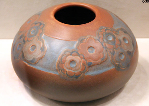 Earthenware red bowl (1912) by Charles Steward Todd of Rookwood Pottery Co. of Cincinnati at Cincinnati Art Museum. Cincinnati, OH.