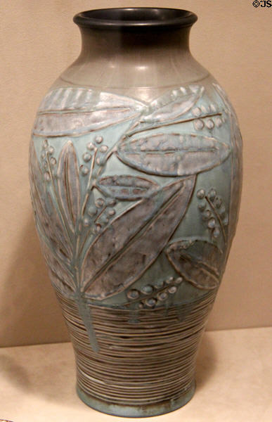 Earthenware vase with leaves (1930) by Williams Ernst Hentschel of Rookwood Pottery Co. of Cincinnati at Cincinnati Art Museum. Cincinnati, OH.