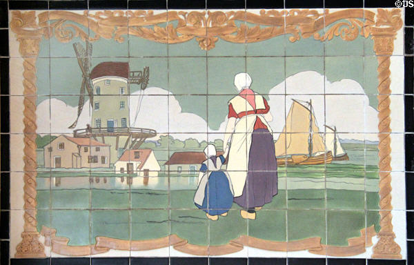 Architectural faience tile Dutch Landscape (c1921) by William Purcell McDonald of Rookwood Pottery Co. of Cincinnati at Cincinnati Art Museum. Cincinnati, OH.