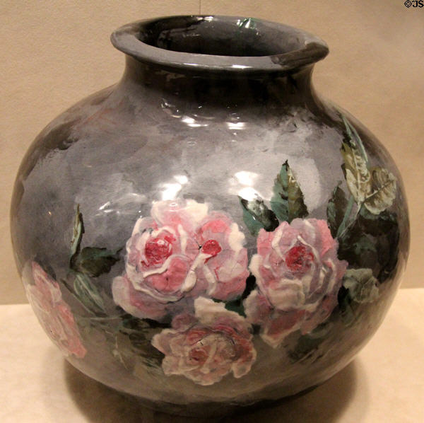 Earthenware vase with roses (1881) by Mary Louise McLaughlin fired at Frederick Dallas Hamilton Road Pottery at Cincinnati Art Museum. Cincinnati, OH.