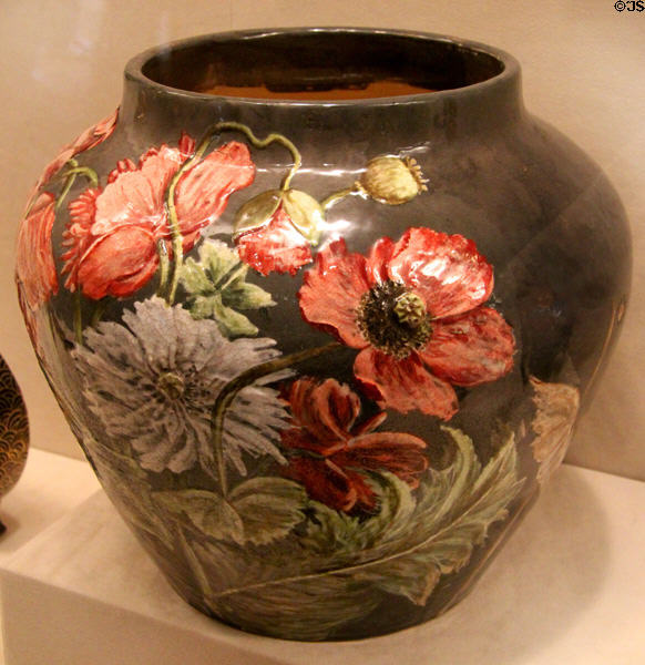 Earthenware jardinière with poppies (1882) by Henrietta Dana Leonard McLaughlin fired at Frederick Dallas Hamilton Road Pottery at Cincinnati Art Museum. Cincinnati, OH.