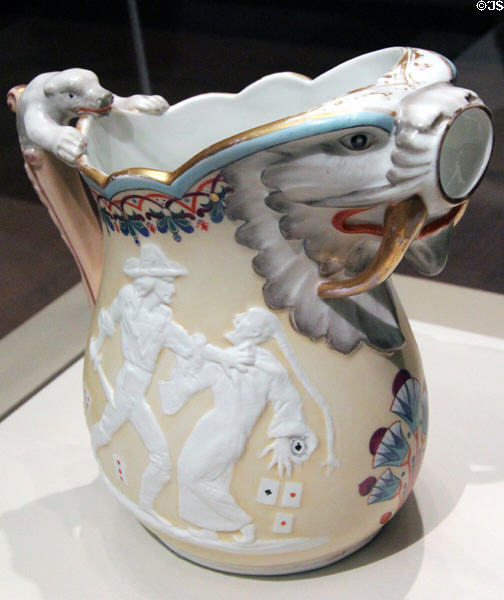 Pitcher depicting Bret Harte poem "Plain Language From Truthful James"(c1875) by Karl L.H. Müller made by Union Porcelain Works, Greenpoint, Brooklyn at Cincinnati Art Museum. Cincinnati, OH.