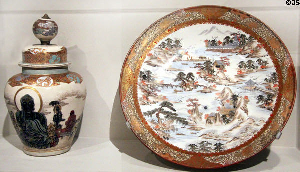 Kyoto ware vase (late 19thC) & Kutani ware porcelain plate (mid 19thC) from Japan at Cincinnati Art Museum. Cincinnati, OH.