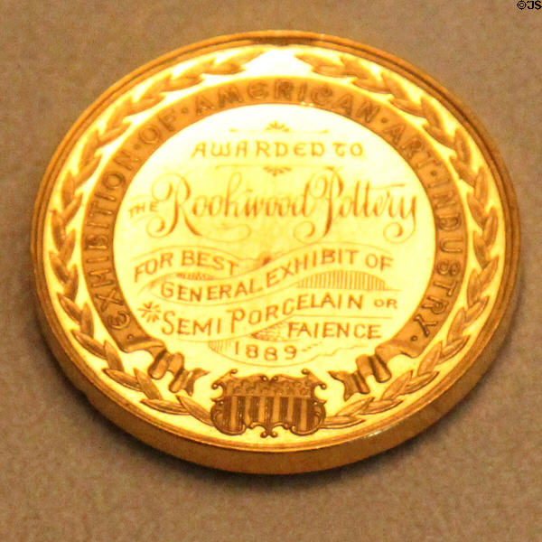 First prize medal awarded to Rookwood Pottery from Exposition of American Art Industry (1889) Philadelphia, PA at Cincinnati Art Museum. Cincinnati, OH.